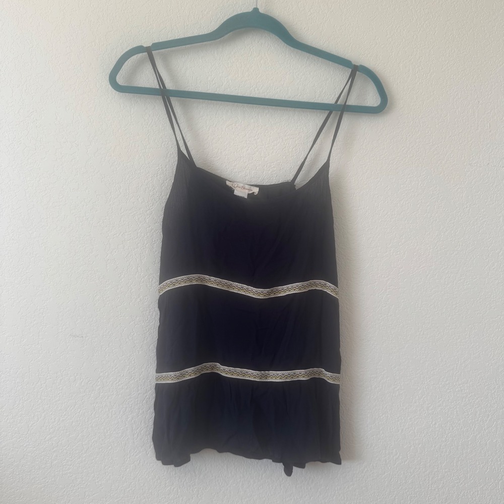 Love Blossom Women's Black Beaded Lace Trim Spaghetti Strap Tank Top Size L